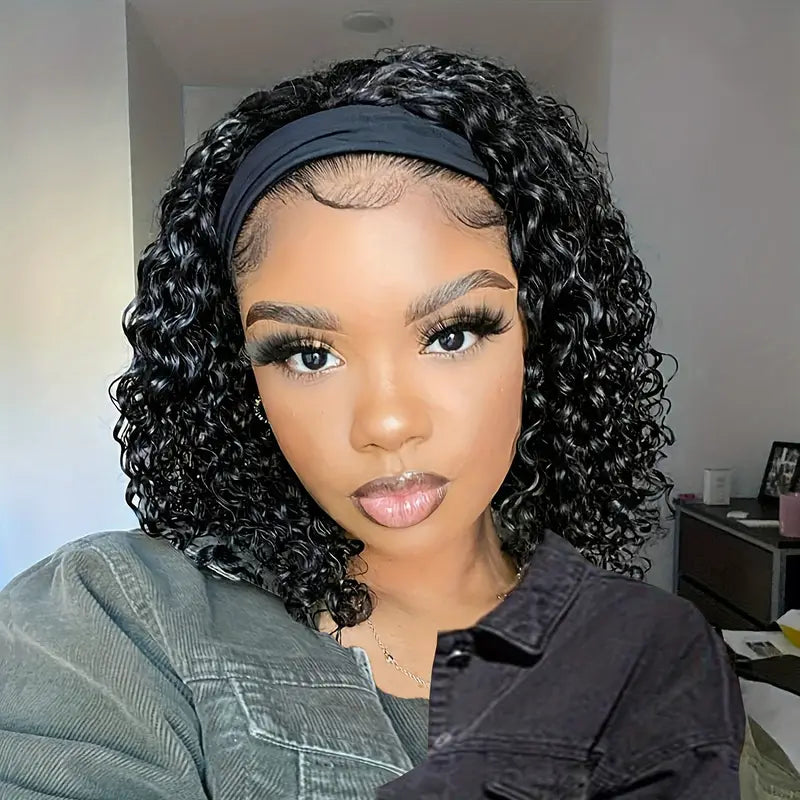 Deep Wave Headband Wig Human Hair For Women Glueless None Lace