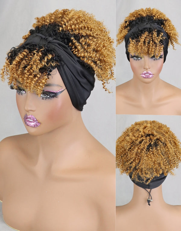 Glueless Curly Human Hair Wigs 1BT30 Two Tone Color  Afro Kinky Hedband Scarf Wig Full Machine Made