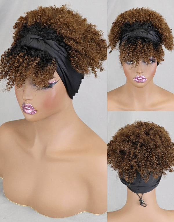 Highlight 1BT4 Color Headband Scarf Wig Afro Kinky Curls Human Hair Non Lace Short Machine Made Wigs