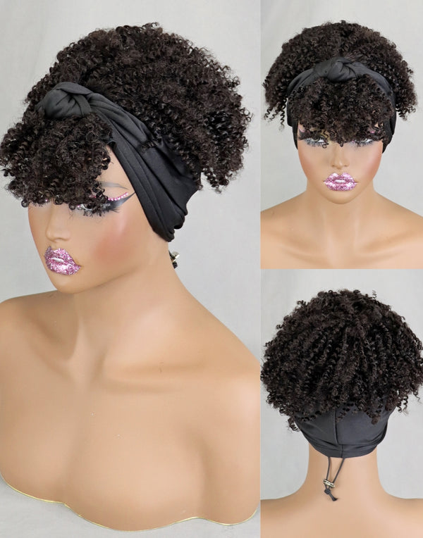 100% Natural Human Hair Headband Wigs For Black Women Short Afro Kinky Curly Machine Made Wig With Headscarf