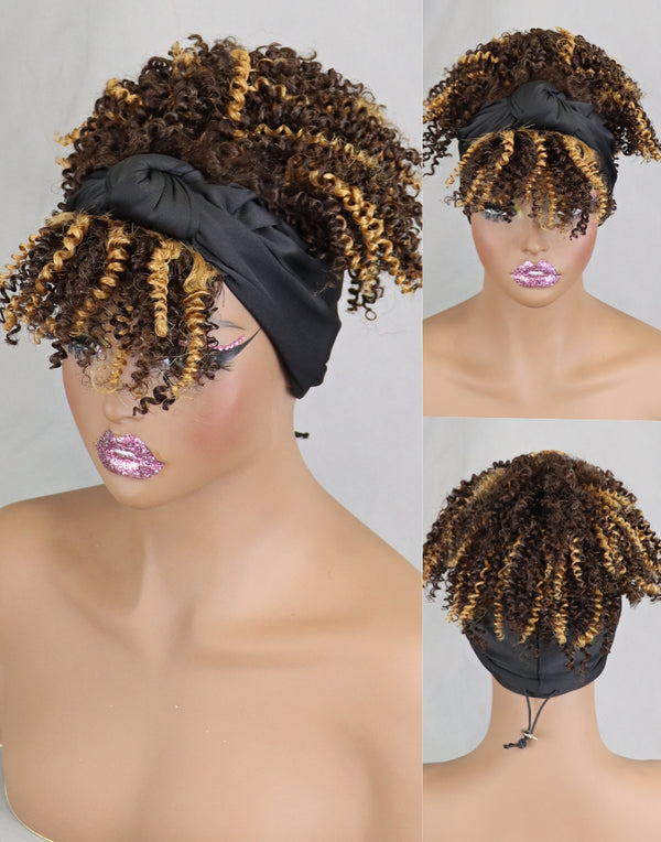 Short Afro Kinky Curly Headband Wigs For Black Women Honey Blonde Highlight #4/27 Glueless Wig With Bangs Wrap