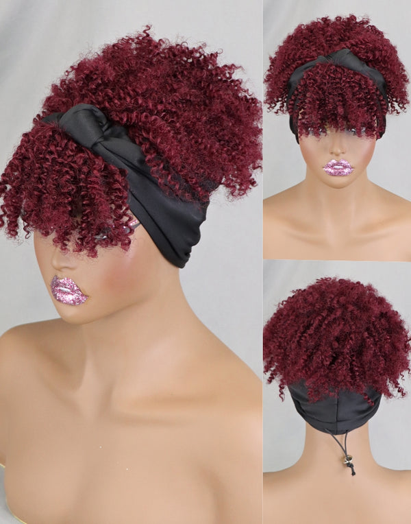 Headband Human Hair Wigs For Women 99J Burgundy Red Color Pixie Cut Kinky Curly Bob Glueless Half Wigs Full Machine Made