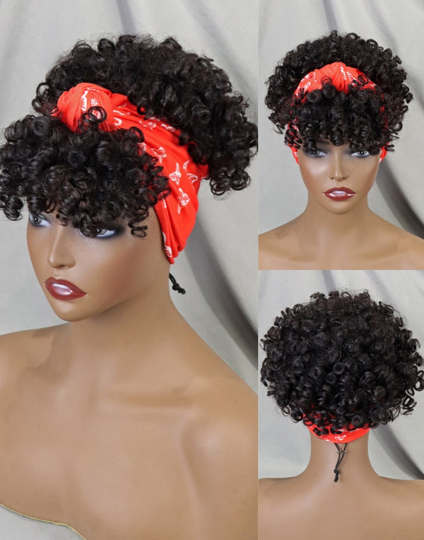 Short Afro Curly Glueless Human Hair Wigs With Bangs Full Machine Made None Lace Wig Natural Color Headband Wrap