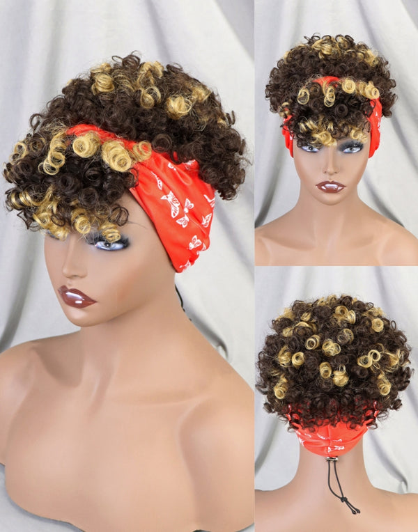 4/27 Highlight Brown Human Hair Short Curly Wigs with Headband Glueless Machine Made