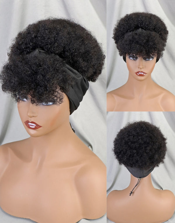 Short Afro Headband Wig For Black Women Kinky Curly Glueless Machine Made Wig Natural Color