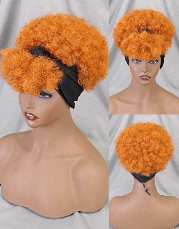 #350 Ginger Colored Short Pixie Curly Human Hair Non Lace Machine Made Wig Wear Go Glueless Wig With Headband