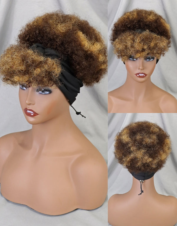 Short Human Hair Wigs Afro Curly Puff Ombre Blonde Head Wrap Glueless Wigs Full Machine Made