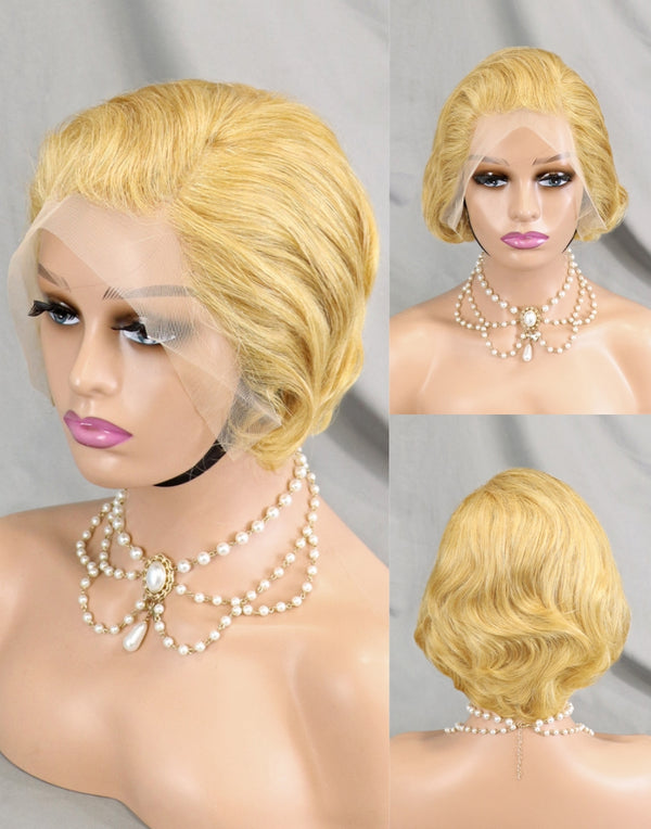 Ready to Ship Short Wavy Pixie Cut Human Hair Wigs Honey Blonde Bob Front Lace Wig #27