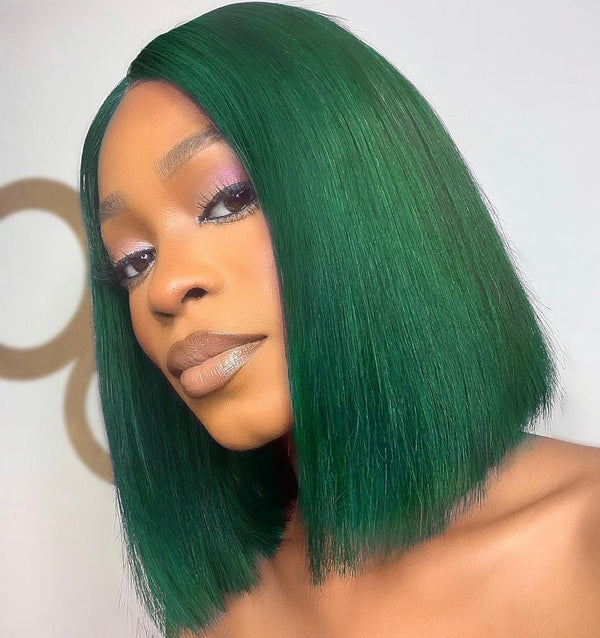Dark Green Human Hair Bob Wigs Pre Plucked Short Straight Lace Front Wig With Baby Hair for Black Women
