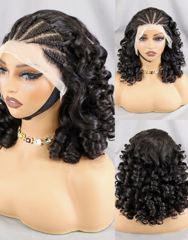 Natural Color Bouncy Curly Human Hair Wigs with Braids Full 13x4 Lace Frontal for Black Women