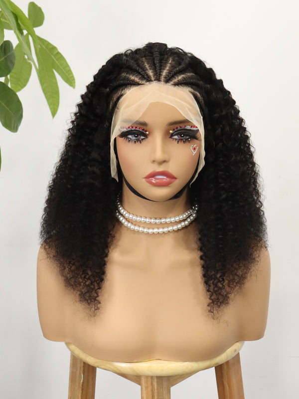 13x4 Lace Frontal African Curly Human Hair Wig with Cornrow Braided 220% Density Lace Front Bob Wigs Natural Color