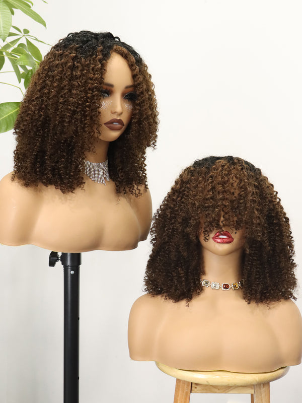 Full 300 Density Ombre Brown Kinky Curly Human Hair Wig with Bangs None Lace Front Short Bob Wig Machine Made Glueless Wigs for Black Women