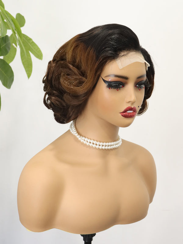 Ombre 1BT4 Short Curly Pixie Cut Wigs for Black Women 4*4 Lace Closure Chocolate Brown Human Hair Wig