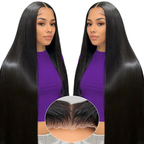 250% Density Natural Black Straight Human Hair Glueless Wig Pre Plucked 7x5 Closure Pre Cut Wear And Go Lace Front Wigs