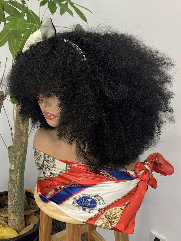 Natural Color Fluffy Bangs Afro Kinky Curly Human Hair Wigs With Bow Headband Glueless None Lace Front Half Wig for Black Women