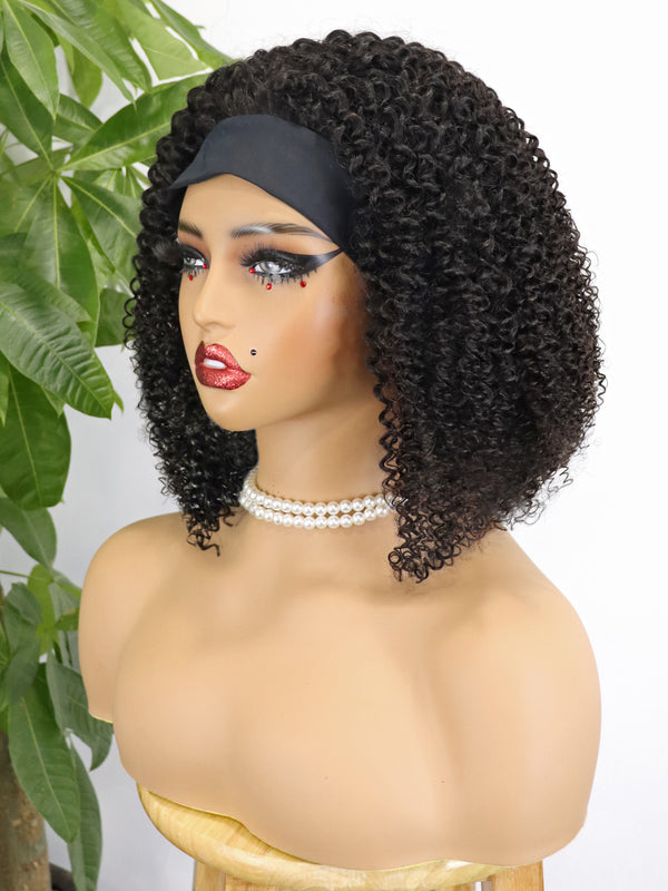 Headband Wig Human Hair 14inch Kinky Curly Bob Wigs for Black Women None Lace Front Full Density Natural Color