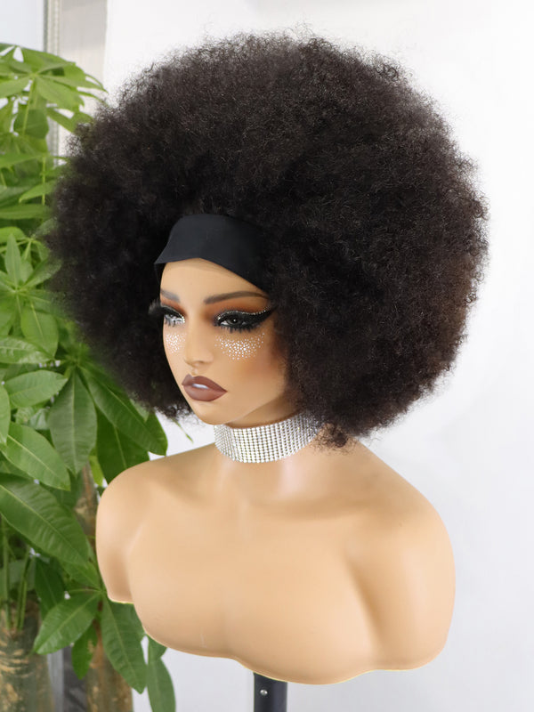 Afro Puff Human Hair Headband Bob Wigs for Black Women Bouncy and Fluffy Kinky Curly Glueless Wig Natural Color