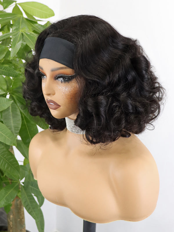 Easy Put On And Go Headband Wigs for Black Women Bouncy Loose Glueless Human Hair Wigs Machine Made No Lace Short Bob Wigs