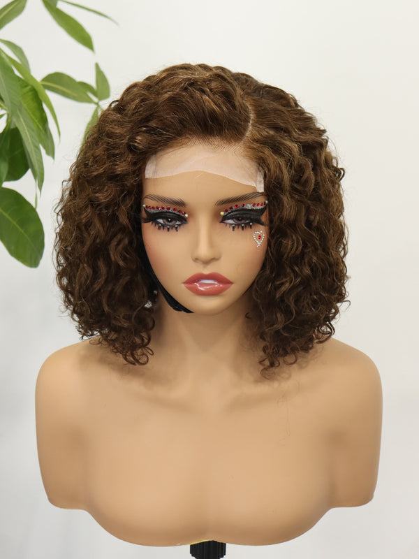10 Inch Short Lace Closure Wigs Human Hair for Women 250% Density Side Part Cheap Water Curly Bob Wig