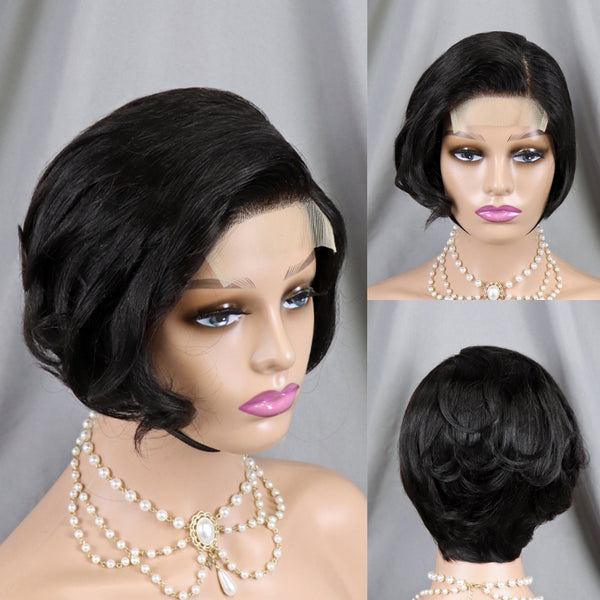 4x4 Pixie Wig Human Hair Lace Wig Natural Black Short Wavy Bob Wig with Closure