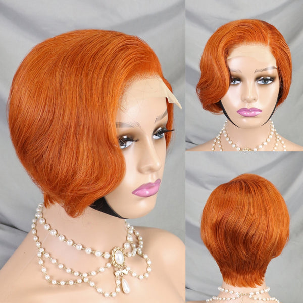 Pixie Cut Wig for Black Women 4*4 Transparent Lace Closure Human Hair Wigs Orange Ginger Body Wave Short Bob Wig