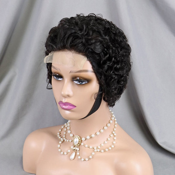 Natural Color Short Water Curly Bob Wig Human Hair 4x4 Lace Closure Pixie Cut Wig for Black Women