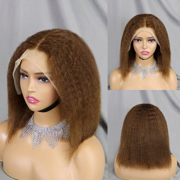 200% Density Brown Short Bob Wigs Human Hair Lace Front Wigs for Black Women Pre Pluck Natural Hairline Kinky Straight Wig 12 Inch