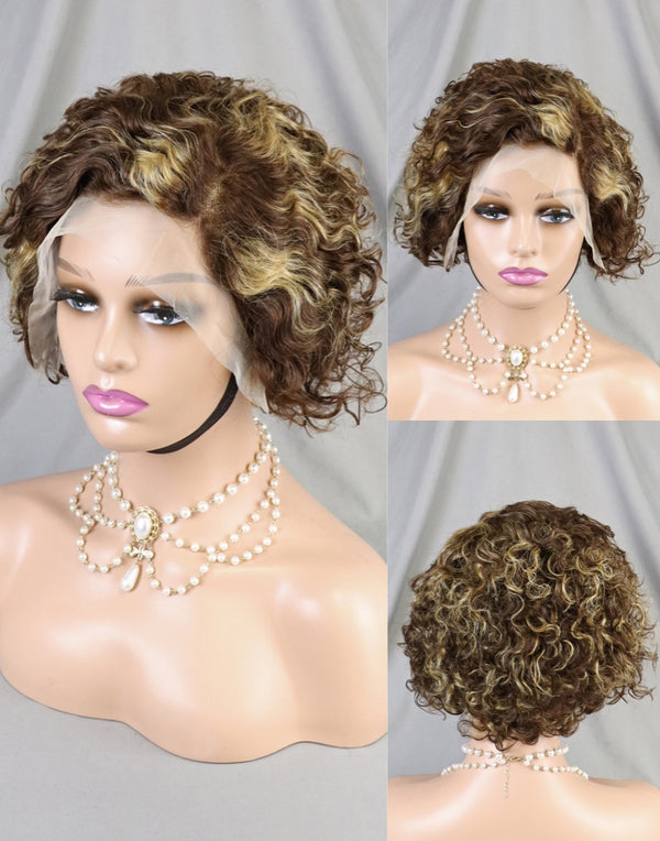 Short Curly Bob Lace Front Wig Highlight #4/27 Color Pixie Cut Side Part Human Hair Wigs For Black Women