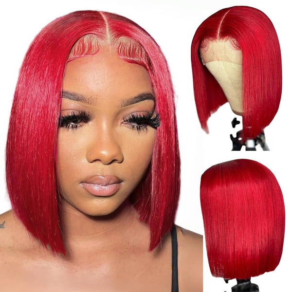 Red Bob Wigs Human Hair 13x4 Bob Lace Frontal Wigs for Black Women High Density Blunt Cut Straight Short Bob Wigs