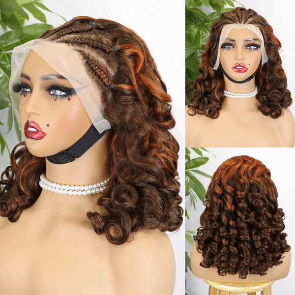 13x4 Lace Frontal Cornrow Braided Wigs for Black Women Bouncy Curly Human Hair Wig 250% Density Highlight Colored Lace Front Wig