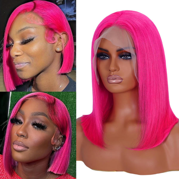 Hot Pink Bob Wig Human Hair Full 13x4 Lace Frontal 200 Density Short Straight Wig Pre Plucked With Baby Hair