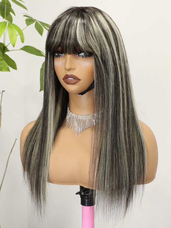 1B/613 Highlight Wig with Bangs 3x1 Lace Front Human Hair Wigs for Black Women Natural Straight Glueless Closure Wigs 20 Inch