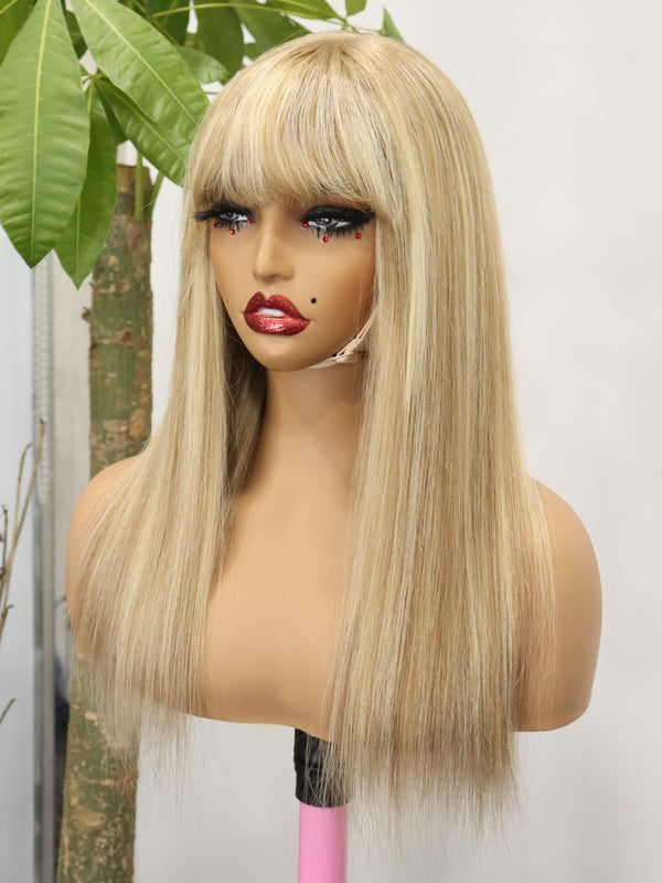 Highlight Blonde Straight Bang Wigs Human Hair for Black Women 280% Density Vietnamese Hair With 3x1 Lace Front Glueless Wigs