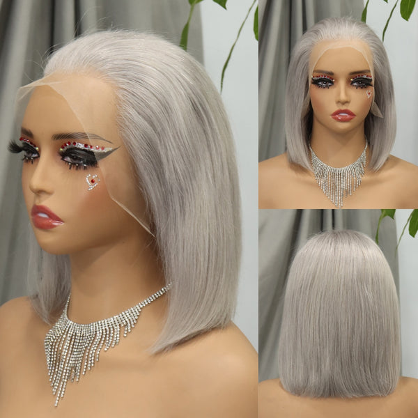 10inch Bob Wig Human Hair 250 Density 13x4 Lace Frontal Pre Plucked Short Vietnamese Straight Hair Wig for Women Gray Color