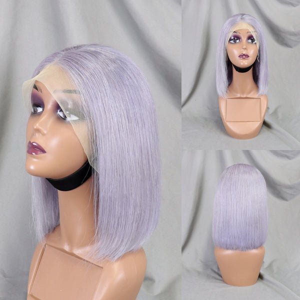 Vietnamese Short Grey Color Bob Wig Human Hair 13x4 Lace Frontal 12 Inch 200% Density Blunt Cut Silky Straight Gray Bob Wig