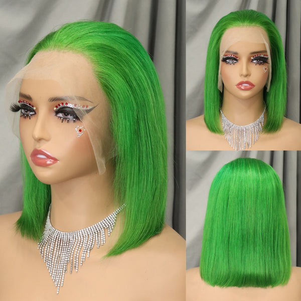 High Quality Green Human Hair Bob Wigs Pre Plucked Short Straight Lace Front Wig with Baby Hair for Black Women