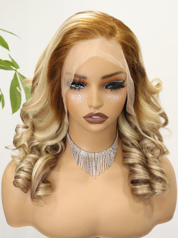Bouncy Loose Curls 13x4 Transparent Frontal Blonde Wig Full Density Highlight 613 Lace Front Wig Human Hair Pre Plucked