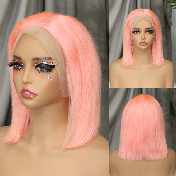 13x4 Lace Front Human Hair Wigs Straight Colored Pink Bob Lace Wigs for Black Women Pre Plucked 250% Density