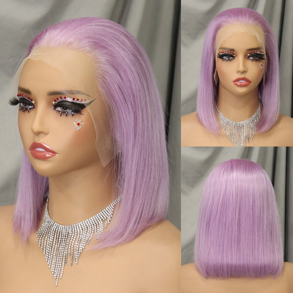 Short Bob Wig Human Hair Light Purple Lace Front Wig 250% Density Glueless 10 Inch Colored Vietnamese Bone Straight Hair Wig